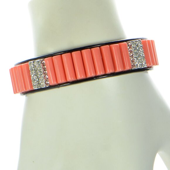 KJL Kenneth Jay Lane Black Enamel Crystal & Coral Slip-On Bangle Bracelet - Picture 1 of 5